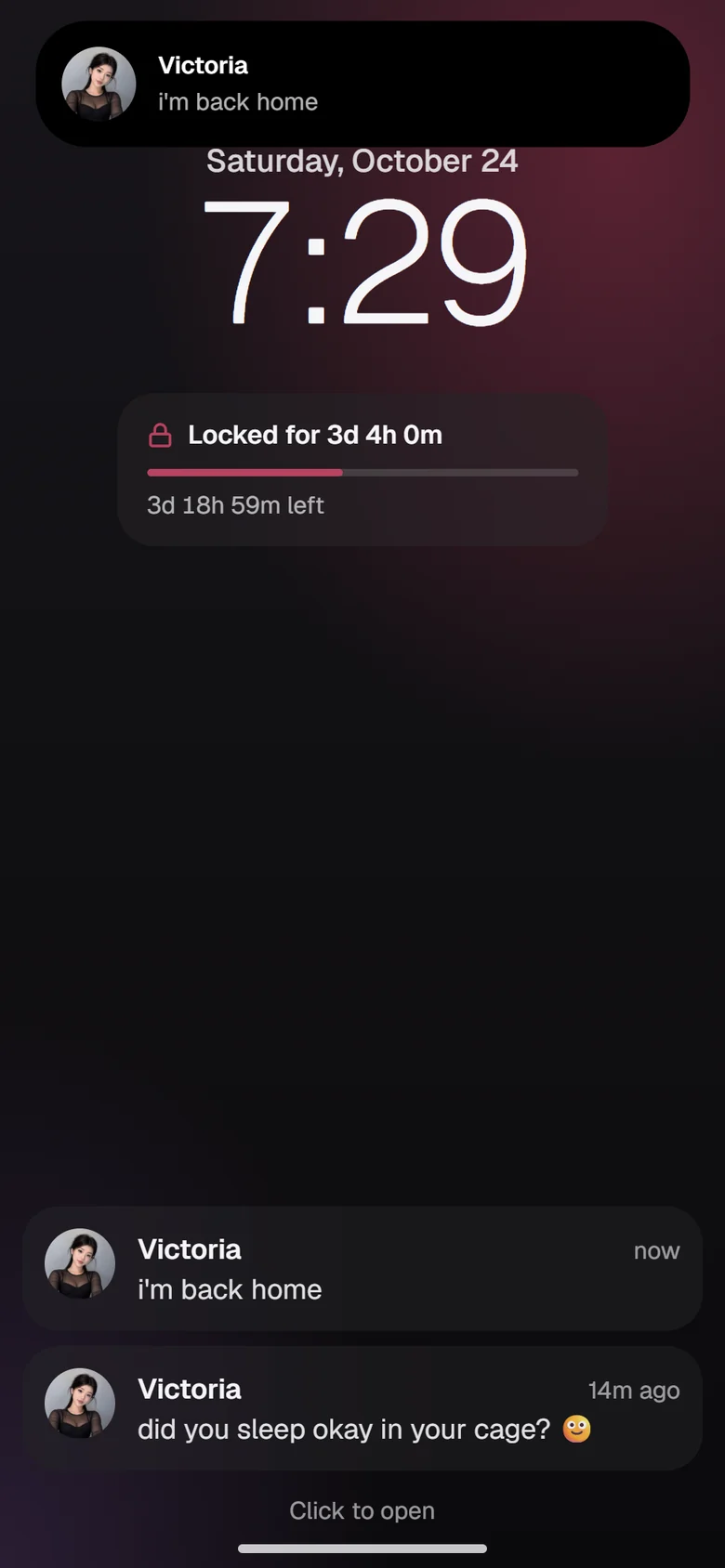 The Lockscreen phone, locked, with a message from Victoria